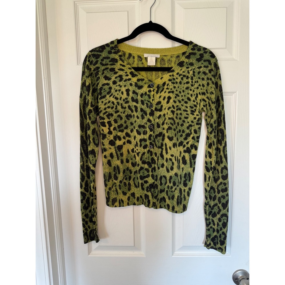 WR.9000 Lime Green Leopard Print Metallic Knit Button Up Cardigan Sweater XS Y2K